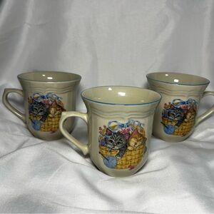 VTG Tienshan Purrfect Friends Cat Basket of Yarn Coffee Mugs Set of 3 Stoneware